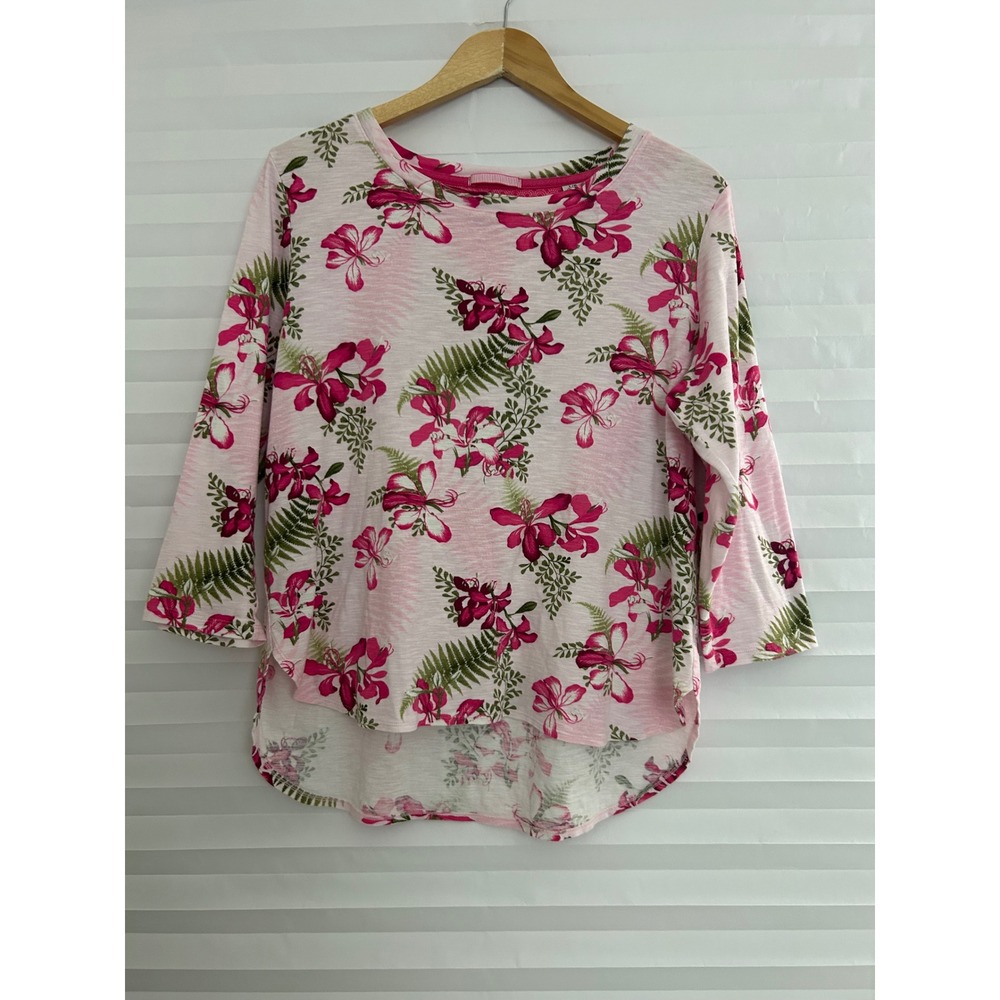 Tommy Bahama Womens Pink Tropical Orchid Floral Cotton 3/4 Sleeve Top Large
